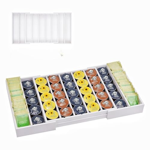 K Cup Holder,Bamboo Coffee Pod Holder Drawer Organizer, Expandable Coffee Pod Holder Tea Bag Storage Organizer for Kitchen Office Coffee Bars,Accommodate 45 K Cups (White) - color: White