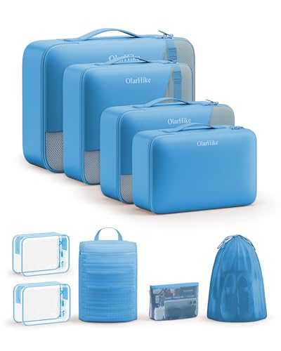 9 Set Packing Cubes for Travel, Gifts for Women Mom,Anti-Tearing Suitcase Organizer,OlarHike Vacation Essentials & Accessories for Cruise Ship - color: 20 Azure Blue