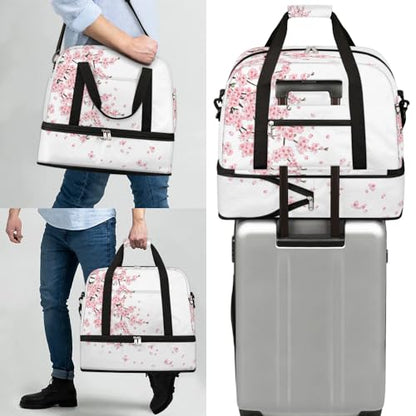 Travel Duffle Bags With Shoes Compartment for Women Men Japanese Flower Lightweigh Sports Tote Gym Bag Cherry Blossoms Foldable Canvas Weekender Overnight Carry On Luggage Handle Bag - color: A01:Japanese Flower