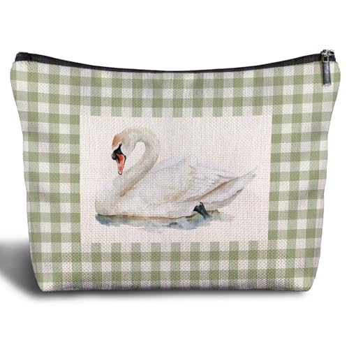 Sage Green and White Gingham Swan Makeup Bag, Elegant White Swan Waterfowl Plaid Checkered Cosmetic Bags for Women, Bird Lovers Gifts Makeup Zipper Pouch - color: White Swan-Green