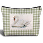 Sage Green and White Gingham Swan Makeup Bag, Elegant White Swan Waterfowl Plaid Checkered Cosmetic Bags for Women, Bird Lovers Gifts Makeup Zipper Pouch - color: White Swan-Green