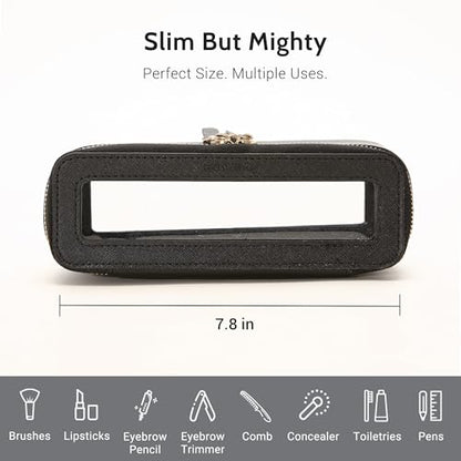 Aveniee Clear Makeup Brush Bag,Slim Cosmetic Brush Holder,Small Toiletry Bag Mini Travel Case for Women,Thin Make up Bags with Dual Zipper,Cute Travel Essentials Organizer,Black - color: Black, style: Slim Elegance