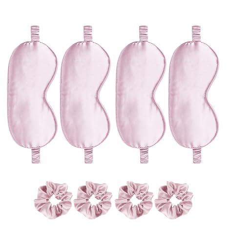 Satin Eye Mask 8Pcs Silk Sleep Masks Silky Blindfold Eyeshade Blackout Eyes Cover Scrunchies Hair Ties Travel Wedding Gifts - color: Nude Pink