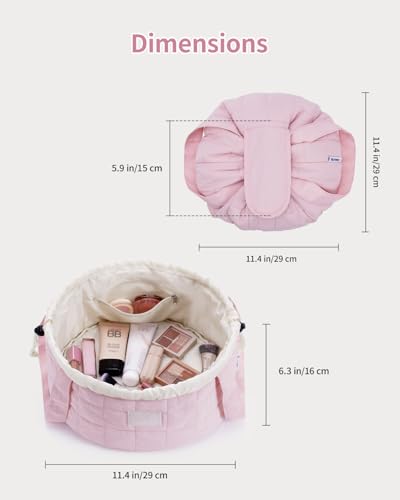 Narwey Lay Flat Open Drawstring Puffer Makeup Bag, Large Quilted Cosmetic Bag for Women Girls, Cute Make up Bags with Handle, Travel Toiletry Bag for Skincare, Brushes & Travel Essentials (Pink) - color: B-Quilted Pink