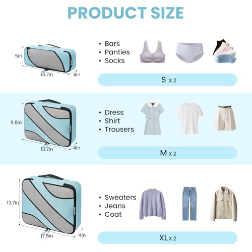 BAGAIL 6 Set Packing Cubes,Travel Luggage Packing Organizers - color: The Dusty Blue, style: 6 Set
