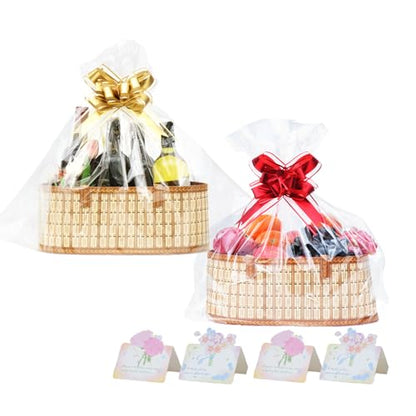 OCMML 2 Set Baskets for Gifts Empty, Foldable Bamboo Gift Basket Kit with Handles, Large Woven Empty Fruit Basket for Christmas, Housewarming, Birthday Party Fillers (13.8"X 7.9" X 6.0")