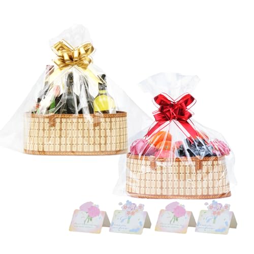 OCMML 2 Set Baskets for Gifts Empty, Foldable Bamboo Gift Basket Kit with Handles, Large Woven Empty Fruit Basket for Christmas, Housewarming, Birthday Party Fillers (13.8"X 7.9" X 6.0")