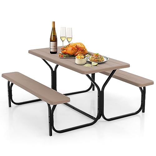 GYMAX Picnic Table, Picnic Bench Easy to Assemble w/All Weather Wood Grain Tabletop & Metal Frame, Picnic Tables for Outdoors Camping Backyard Deck Patio Poolside Dining Party - color: Brown