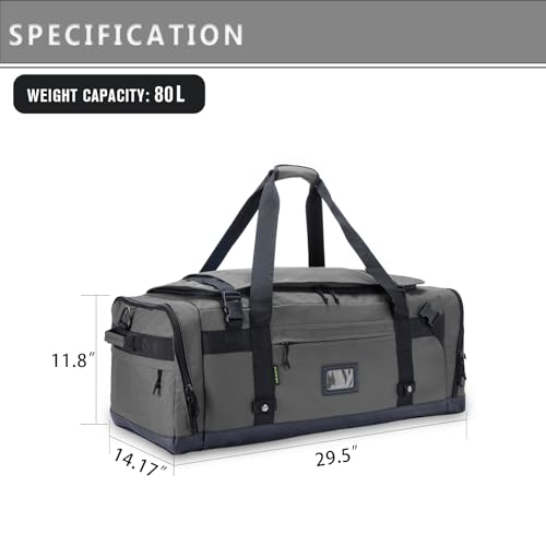 Large Duffle Bag for Travel - Men & Women, Foldable Gym Duffle Backpack, Heavy Duty Tactical Military Canvas Duffel Bags, Extra Big Carry On with Shoe Pockets, Waterproof (80L/103L) - color: Grey, size: M(80L)