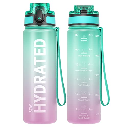 Sahara Sailor Water Bottle, 32/25/17oz Durable and Leakproof Water Bottles Motivational with Time Marker, Tritan, BPA Free, Wide Mouth with Easy Clean Brush for Gym, Travel, School, Office (1 Bottle) - color: Bubble Gum, size: 16.9 Ounces