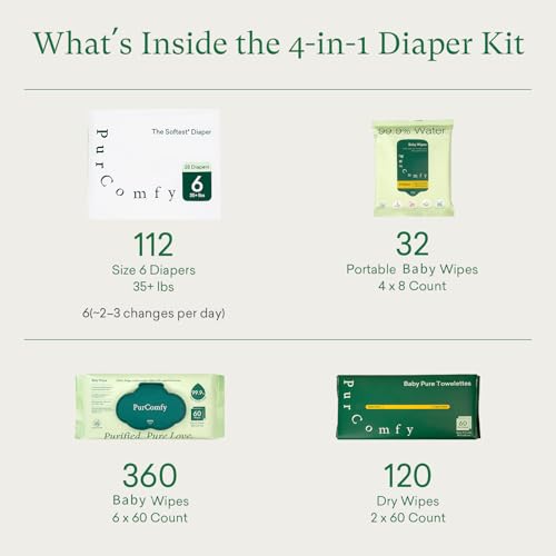 PurComfy Baby Diapers Essential Kit, 4 Pack Size 6 Diapers (112 Ct), 6 Baby Wipes (360Ct), 4 Travel Pack Wipes (32Ct) and 2 Dry Wipes (120Ct), All in One Newborn Essentials Kit, Total 624 Count - size: Size 6(112ct)+Wipes(360ct)+Dry Wipes(120ct)