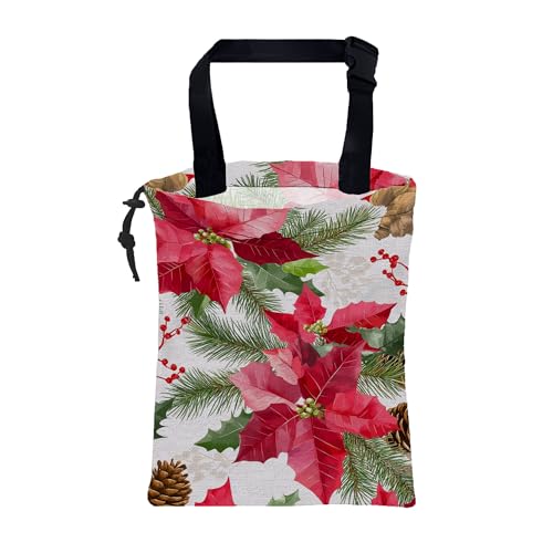 Car Garbage Bag Red Poinsettia Xmas Green Leaves Drawstring Car Trash Bag Hanging for Back Seat with Adjustable Buckle Canvas Vehicle Trash Can Easy-to-Install - color: Red Poinsettia Xmas Green Leaves