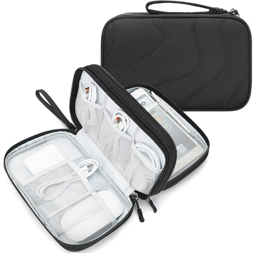 Skycase Tech Pouch - Lightweight Electronics Organizer Travel Case - Double Layers Cable Organizer - All-in-One Storage Bag for Charger, Cord, Phone, Flash Drive, Essentials - XL - color: Wavy Pattern-Black, size: XL