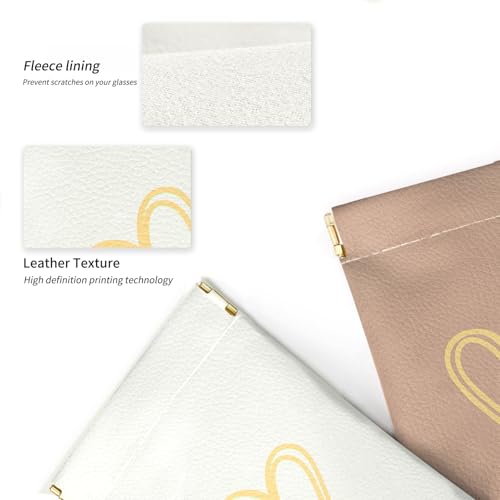 Glasses Case Soft, Eyeglass Cases for Women Portable Squeeze Top PU Leather 2 Pack Glasses Pouch with Cleaning Cloth - color: Off-white Love+brown Love