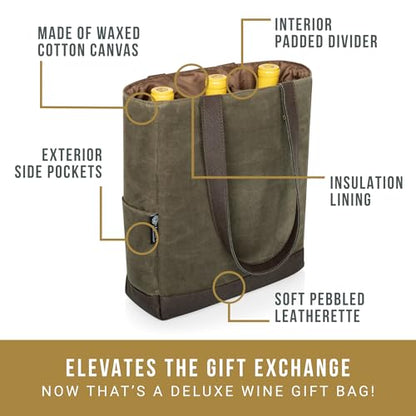 PICNIC TIME 2 and 3 Bottle Insulated Wine Bag, Distressed Waxed Canvas Wine Tote, Durable Bottle Carrier Bag for Gifts and Travel with Side Pockets & Removable Divider (Khaki Green with Brown Accents) - style: 3 Bottle