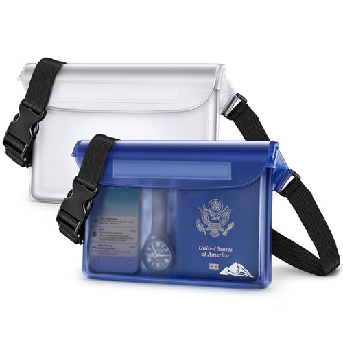 HEETA Waterproof Fanny Pack, Waterproof Pouch Dry Bag 2-Pack for Phone Passport Purse, Adjustable Waist Strap for Swimming Kayaking Boating Paddle Board Accessories Cruise Beach Camping Essentials - color: White & Blue
