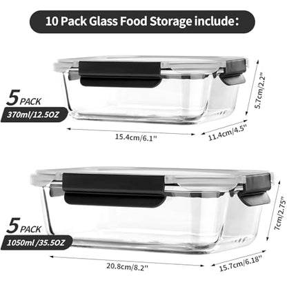 coccot Glass Food Storage Containers with Lids Airtight, Glass Meal Prep Containers with Snap Lids for Food, Bpa-free,Easy to Open&Close/Microwave,Oven,Freezer,Dishwasher Safe/Leak-proof [10 Pack] - color: Black