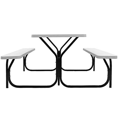 S AFSTAR Picnic Table Bench Set, 59” Expanded Rectangular Picnic Table, Outdoor Table and Bench W/Steel Frame & Wood-Like Texture Tabletop, Camping Table Chair Set for Garden Patio Lawn Deck (White) - color: White
