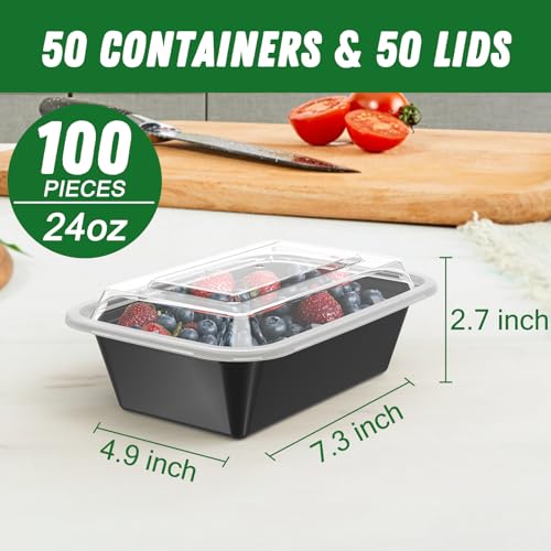 Dealusy 50 Pack (100-Piece) 24 oz Meal Prep Containers Reusable with Lids, Sturdy Leakproof & Food Safe, Microwave, Freezer, Dishwasher Safe Prep Containers, To Go Take Out Plastic Food Storage - size: 24 oz