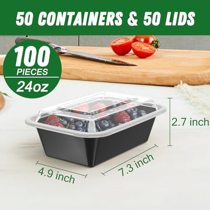 Dealusy 50 Pack (100-Piece) 24 oz Meal Prep Containers Reusable with Lids, Sturdy Leakproof & Food Safe, Microwave, Freezer, Dishwasher Safe Prep Containers, To Go Take Out Plastic Food Storage - size: 24 oz