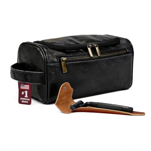 MINARAI Mens Toiletry Travel Bag with Razor Case & Dust Bag – Premium PU Leather Organizer with Hanging Design and Structured Storage – Mens Toiletry Bag for Travel, Gym, and Everyday Gift–BLACK - color: Black