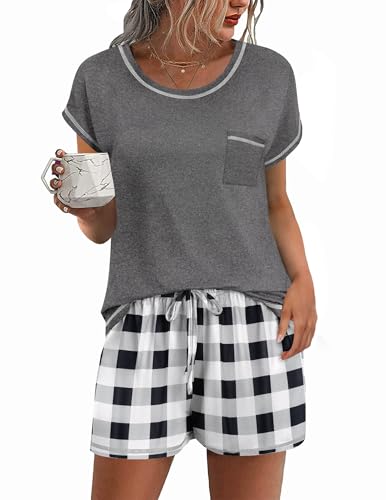 Ekouaer Womens Pajama Sets 2 Piece Soft Short Sleeve Top and Shorts Sleepwear Round Neck Pjs Lounge Set with Pockets - color: Black and White Plaid, size: XX-Large