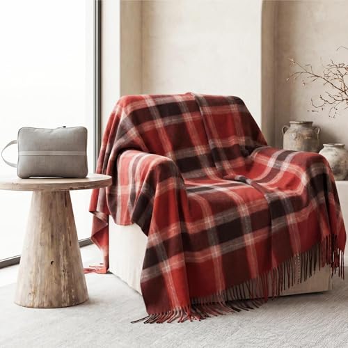 Soft Pure Wool Throw Blanket, Lightweight Warmth, Red, 55"x83", Plaid, Fringe, Compact with Bag, Useful Gift for Women, All Season Decorative Cozy Travel Blanket for Couch Bed, Outdoors - color: Cherry Cocoa, size: Standard (1.5 lbs)