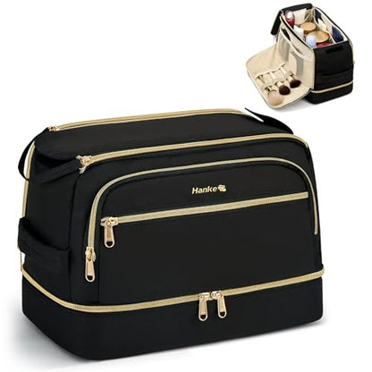 Hanke Travel Toiletry Bag, Lightweight Wide-open Makeup Bag, Dual-Layer Travel Bag for Toiletries Water-Resistant Cosmetic Bags Large Toiletry Bags for Women & Men, Travel Essentials, Black - color: Black