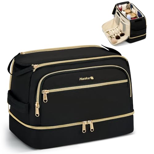Hanke Travel Toiletry Bag, Lightweight Wide-open Makeup Bag, Dual-Layer Travel Bag for Toiletries Water-Resistant Cosmetic Bags Large Toiletry Bags for Women & Men, Travel Essentials, Black - color: Black
