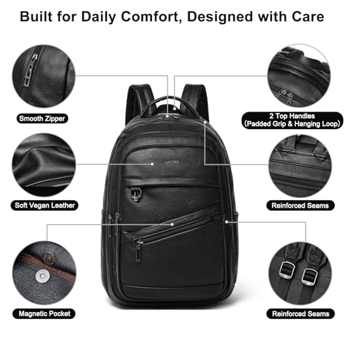 LATMAP Backpack for Women Men - Vegan Leather Backpack Purse Travel Carry-on Bag College Bookbag Work fits 16.5" Laptop, Black - color: Black