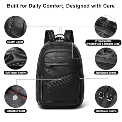 LATMAP Backpack for Women Men - Vegan Leather Backpack Purse Travel Carry-on Bag College Bookbag Work fits 16.5" Laptop, Black - color: Black