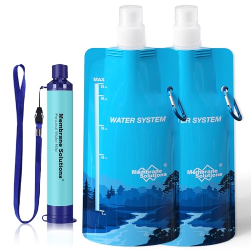 Membrane Solutions Squeezable Water Filtration System, Survival Water Purifier Kit, Portable Backpacking Gear Including Water Filter Straw and 23oz Collapsible Bottle for Hiking Camping Travel(1+2) - style: Squeezable Filter Kit W/ 2 Pouch