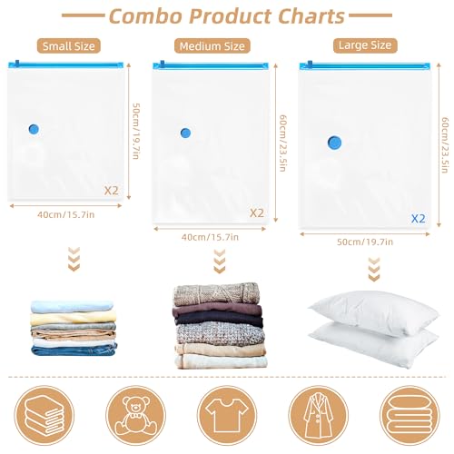 Travel Vacuum Bags with Rechargeable Pump,6 Pack Vacuum Storage Seal Bags for Clothing Suitcase Backpack, Space Saver Compression Clothes Storage Bag (6 Combo+ Electric Pump) - style: 6 Combo+ Electric Pump
