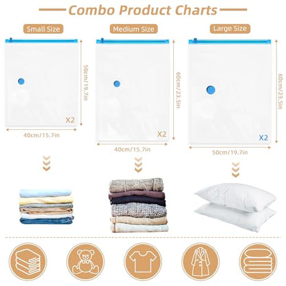Travel Vacuum Bags with Rechargeable Pump,6 Pack Vacuum Storage Seal Bags for Clothing Suitcase Backpack, Space Saver Compression Clothes Storage Bag (6 Combo+ Electric Pump) - style: 6 Combo+ Electric Pump