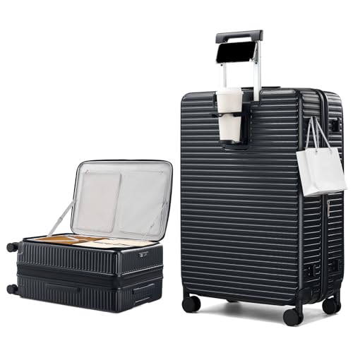 HanTrip Hard Shell Suitcases 28 Inch Large Checked Luggage with Spinner Wheels Cup Holder, Expandable Check in Luggage Lightweight Top Opening Luggage Big Rolling Suitcase with Lock, Black - color: Black, size: Expandable 28 Inch