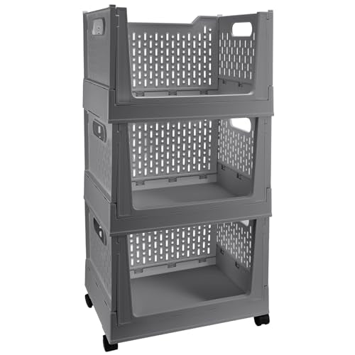Stackable Plastic Storage Bins, 3 Pack Foldable Closet Organizers and Storage Basket with Wheels, Collapsible Drawer Shelf Storage Box Container for Office Bedroom Closet Wardrobe Kitchen Bathroom - color: Grey