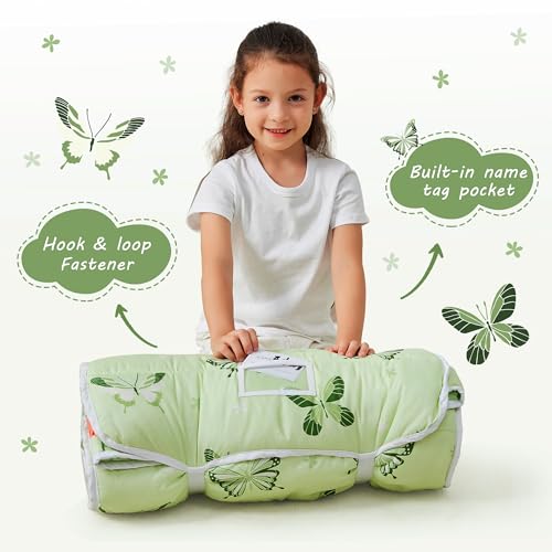 Lasoftan Toddler Nap Mat with Pillow and Blanket, Extra Large Rolled Napping Mats,Slumber Bags for Boys Girls,Kids Sleeping Bag for Daycare, Preschool Travel Camping - color: Green Butterfly