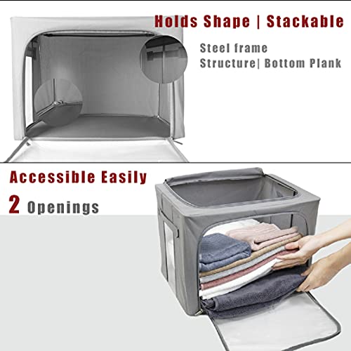 Clothes Storage Box Bins Stackable Foldable Organizer with Metal Frame for Clothing Bedding Shelves,Closet Container with Clear Window Zipper and Label Holder (Gray,Small-40L x3 Pack) - color: Gray,Small-40L x3 Pack