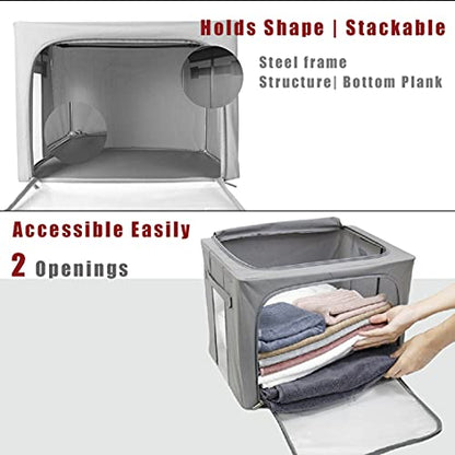 Clothes Storage Box Bins Stackable Foldable Organizer with Metal Frame for Clothing Bedding Shelves,Closet Container with Clear Window Zipper and Label Holder (Gray,Small-40L x3 Pack) - color: Gray,Small-40L x3 Pack