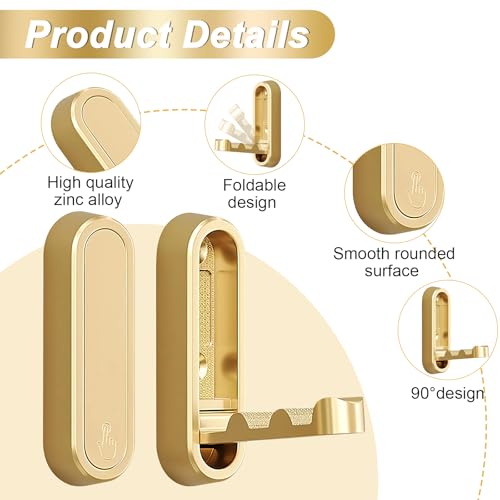 2Pcs Gold Folding Wall Hooks Heavy Duty Foldable Coat Hooks for Hanging Towels Clothes Bags Keys Bathroom Bedroom Closet Gold Hooks for Wall
