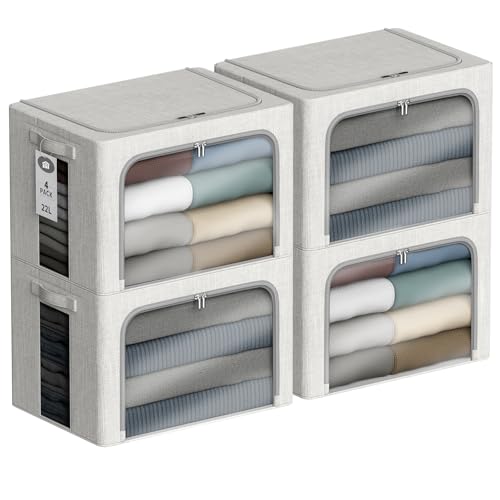 4 Pack Clothes Storage Bins with Metal Frame - 22L Stackable Storage Box with Lid，Foldable Storage Container Organizer for Clothes，Linen Fabric Storage Box with Clear Window＆Zippers＆Handles - color: Light Grey, size: 22L