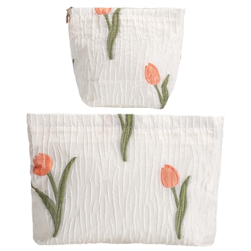 2-Pack Tulip Print Makeup Bag Set - White Fabric Cosmetic Organizer Pouches (1 Large + 1 Small) for Daily & Travel Use - color: B05-tulip