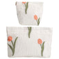 2-Pack Tulip Print Makeup Bag Set - White Fabric Cosmetic Organizer Pouches (1 Large + 1 Small) for Daily & Travel Use - color: B05-tulip
