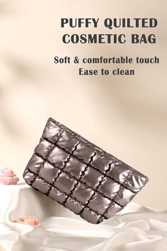 Puffy Quilted Makeup Bag, Cosmetic Bag, Travel Toiletry Organizer Pouch, Clutch for Women (Gold) - color: Gold