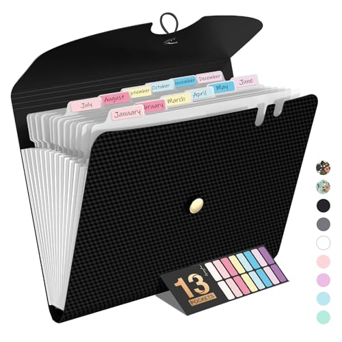Sooez Expanding File Folder, 13 Pocket Accordion File Organizer, Monthly Expandable File Folder for Documents with Labels, Portable Bill Receipt Organizer for School Office Supplies, Letter A4 Size - color: Black