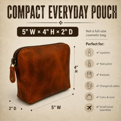 Full Grain Leather Cosmetic Bag – Zippered Makeup Pouch for Women, Small Travel Toiletry & Organizer Pouch for Purse, Premium Handmade Leather (5 × 4 × 2.5 in) - color: Tan