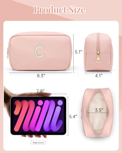 VLANDO Initial Makup Pouch Birthday Gifts for Teen Personalized Toiletry Bag w Zipper, Graduation Gifts Holidays Day Gifts Makeup Bag for Purse Preppy Stuff for Girls Letter C - color: 03-Pink-C