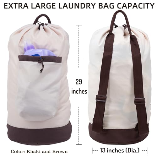 Seiritex Laundry Bag Backpack with Shoulder Straps and Detergent Holder Clothes, Travel Laundry Backpack Bag Hamper for College Dorm Room (Khaki w Brown) - color: Khaki w Brown