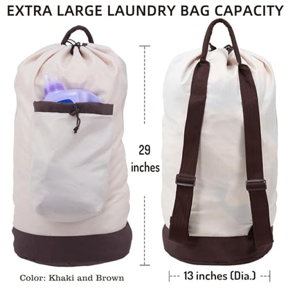 Seiritex Laundry Bag Backpack with Shoulder Straps and Detergent Holder Clothes, Travel Laundry Backpack Bag Hamper for College Dorm Room (Khaki w Brown) - color: Khaki w Brown