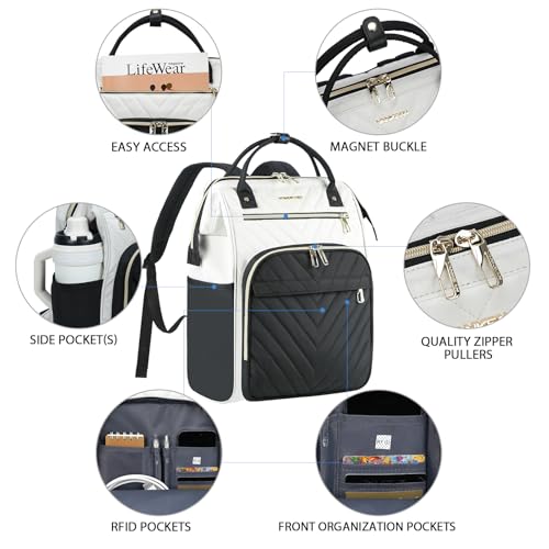 VANKEAN Laptop Backpack for Women Fashion Computer Work Bag, Large Capacity Waterproof Backpack, College Daypack Business Travel, Beige/Black, 15.6 Inch - color: Beige/Black, size: 15.6 Inch